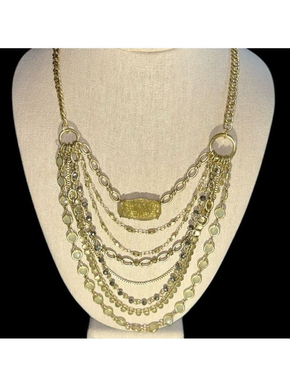 Lucky Brand Gold Tone Multi Strand Statement Necklace with Drusy Quartz Accent